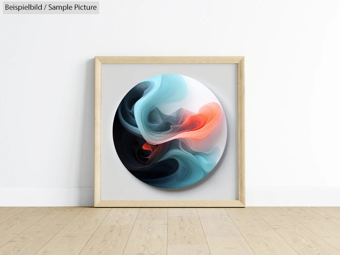 Framed abstract art with swirling blue, black, and red colors on a wooden floor.