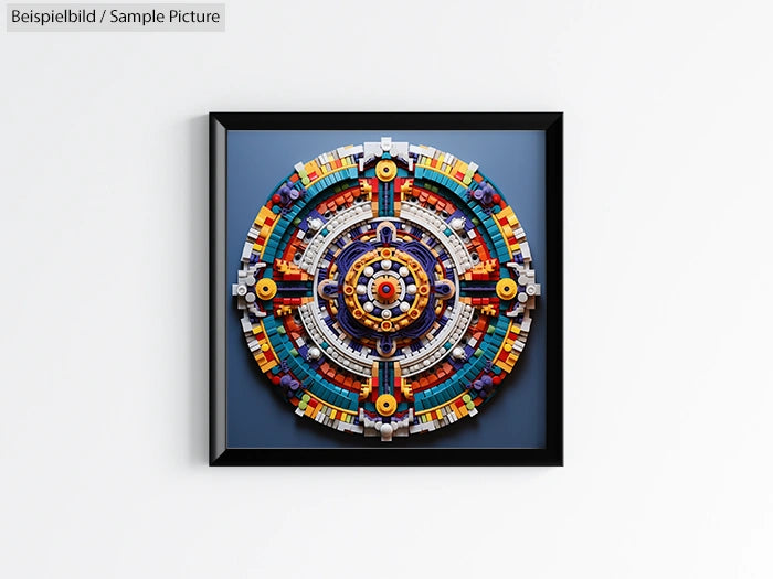 Framed colorful geometric artwork resembling a mandala with intricate patterns and vibrant hues.