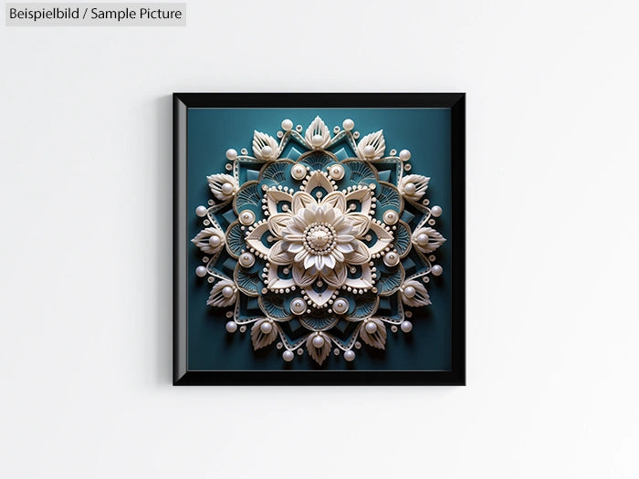 Intricate 3D floral mandala artwork framed on a wall with blue background.