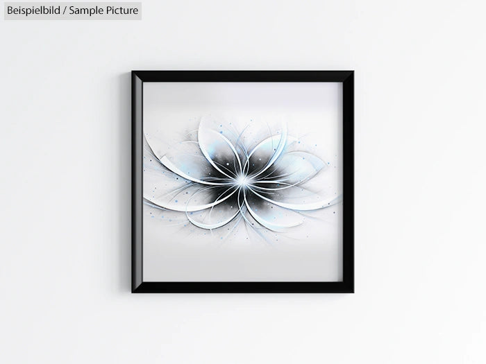 Framed abstract art of white and blue flower-like design on a light background.