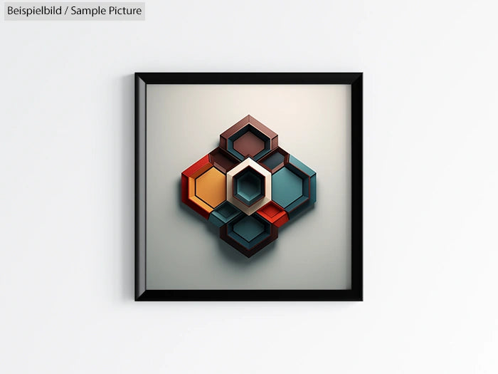 Minimalist geometric art, hexagonal shapes in various colors framed on a white wall.