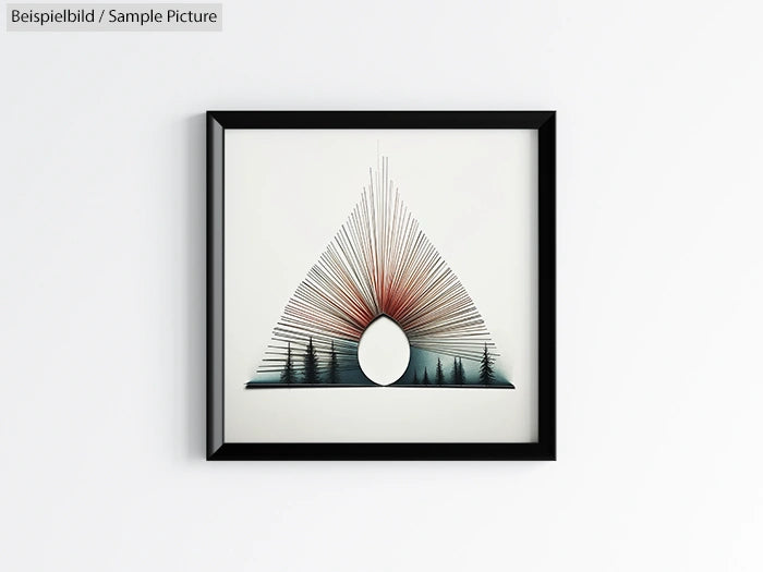 Framed artwork of geometric tree design with concentric semicircles and an egg shape, using lines and muted colors.