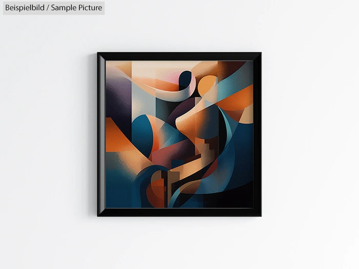 Abstract geometric painting with bold orange, blue, and black shapes in a black frame on a white wall.