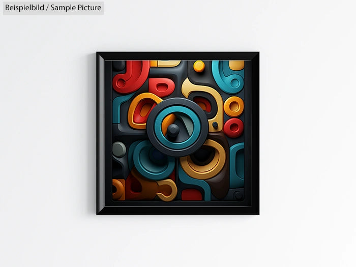 Framed abstract artwork with colorful geometric shapes in red, blue, and gold, arranged on a dark background.