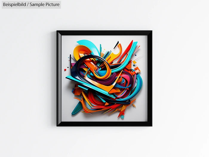 Vibrant abstract artwork with colorful swirling shapes in a black frame against a plain white background.