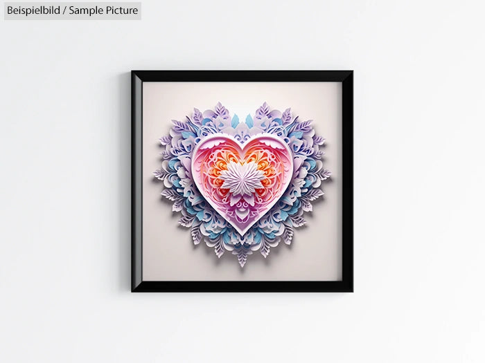 Framed paper art of a heart with intricate, colorful layered designs in pink, purple, and blue tones.