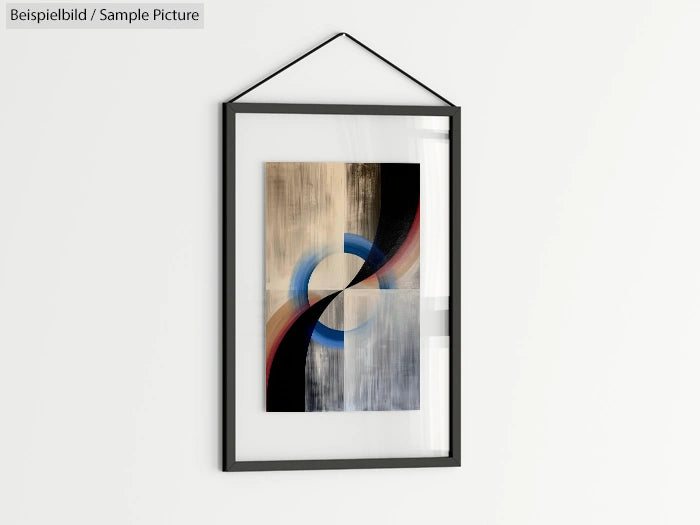 Framed abstract painting with circular and swirling patterns in black, blue, and beige colors.