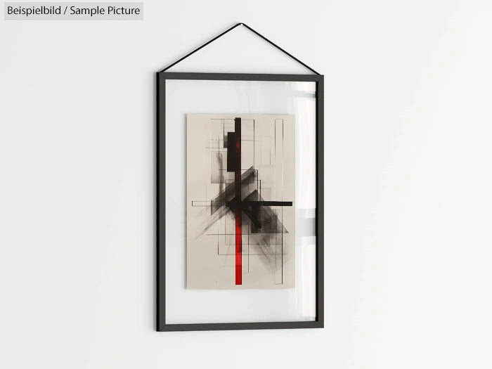 Abstract art in a black frame, featuring bold lines and brush strokes with a prominent red line on beige background.