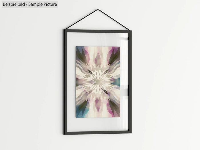 Abstract floral artwork in black frame with muted colors, hung on a white wall.