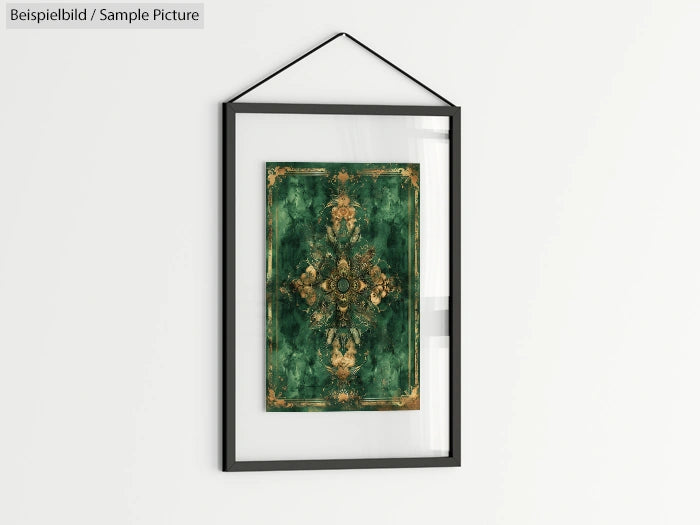 Framed artwork with intricate gold details on a green background, displayed on a white wall.