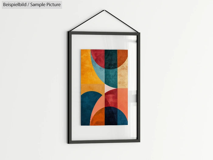 Colorful abstract geometric painting in a black frame hanging on a white wall.