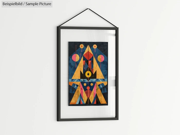 Framed geometric abstract art with vibrant triangles and circles on a dark background, hanging on a wall.