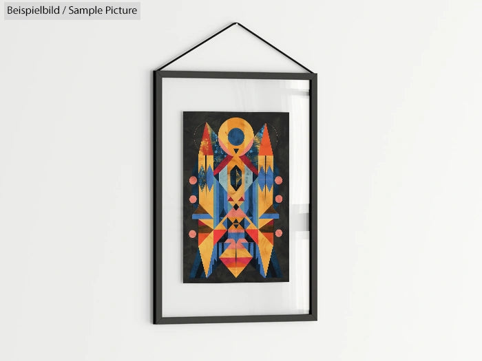 Framed geometric abstract art with bright colors on wall.