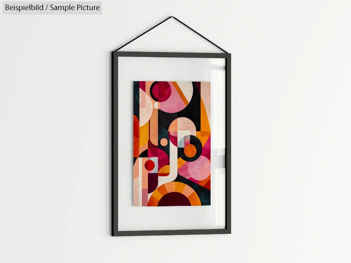 Framed abstract art with vibrant geometric shapes in orange, pink, and black on a white wall.