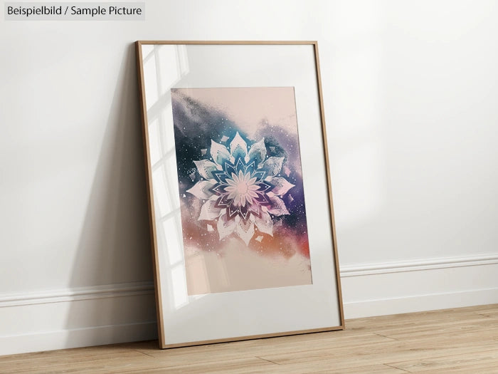 Framed abstract mandala artwork with blue and pink hues leaning against a white wall on a wooden floor.