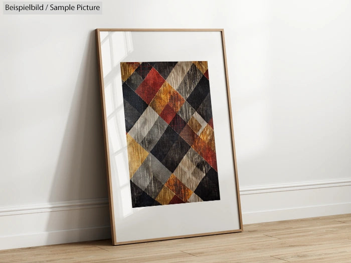 Framed abstract painting with diagonal geometric pattern in red, black, and beige, leaning against a white wall on a wooden floor.