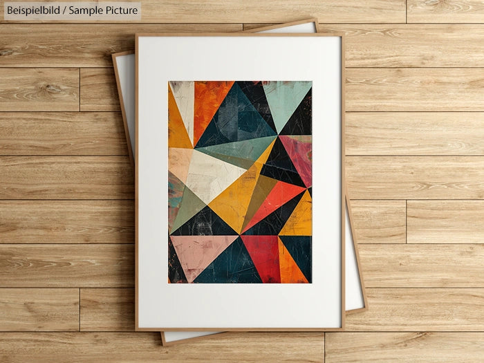 Framed geometric art print on wooden floor, featuring colorful triangles and polygons.