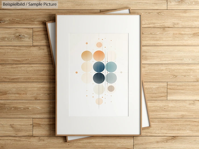 Abstract geometric art with overlapping circles in pastel colors, framed and placed on a wooden floor.