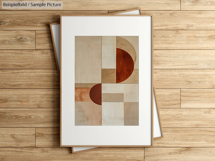 Framed abstract geometric art with beige and brown tones, set against a wooden floor. Features circles and rectangles.