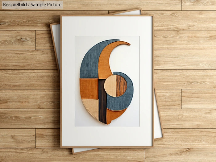 Framed geometric wooden art on wooden floor background.