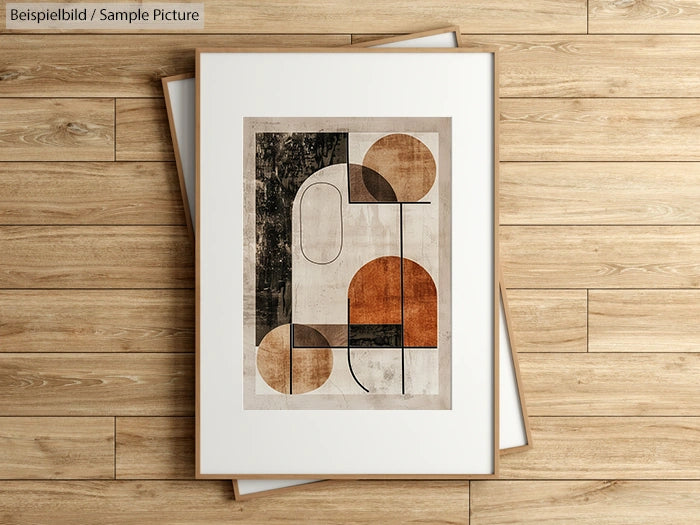 Framed abstract art with geometric shapes in earthy tones on a wooden floor background.