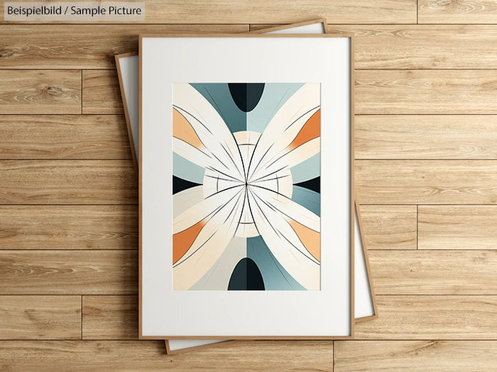 Framed abstract art print with symmetrical design in earthy tones on wooden floor background.