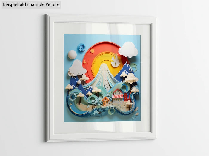 Framed 3D paper art depicting a colorful mountain, ocean waves, and clouds against a vibrant red and yellow sunset.