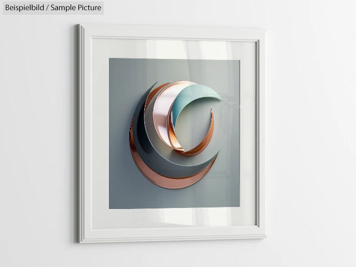 Framed abstract art with overlapping metallic crescent shapes in silver, copper, and green hues.