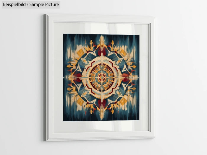 Framed abstract mandala art with vibrant orange and blue symmetrical patterns on a white wall.