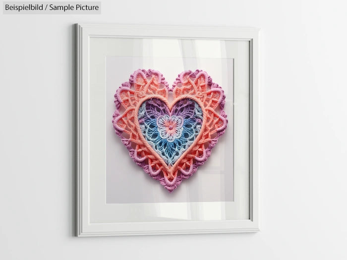 Framed heart-shaped crochet art with pink, purple, and blue layers on a white wall.