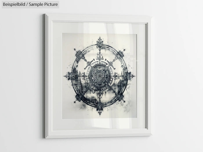 Framed abstract artwork featuring a geometric circular design with intricate black lines on a white background.