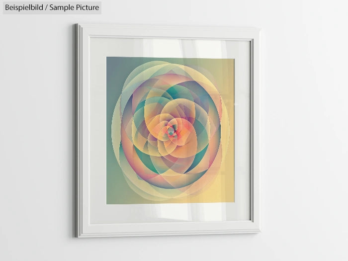 Framed abstract geometric art with layered circular patterns in pastel colors.