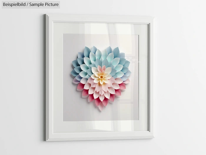 Framed paper art flower with multicolored petals in a white frame on a white wall.