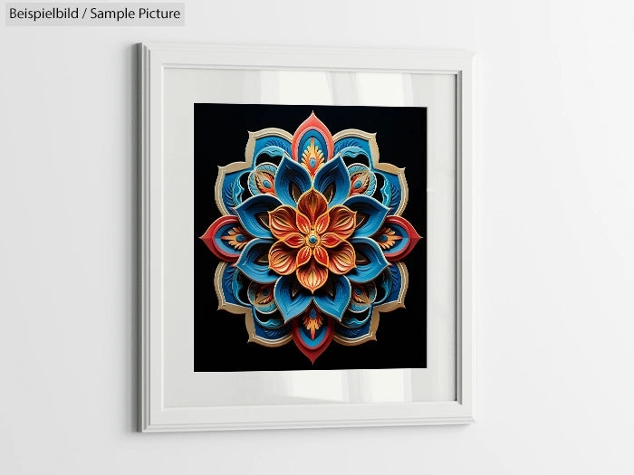 Framed mandala art with intricate blue, red, and gold patterns on a black background, hanging on a white wall.