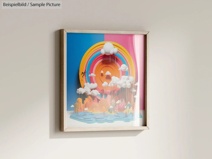 Framed 3D artwork with colorful rainbows, clouds, and ocean in a paper-cutout style on a wall.