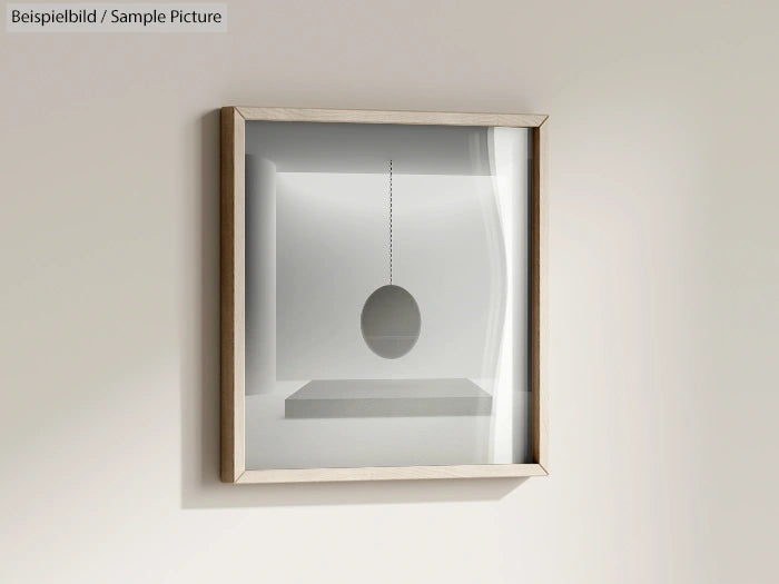 Sculptural artwork in a shadow box with a suspended circular object and a curved reflective surface.