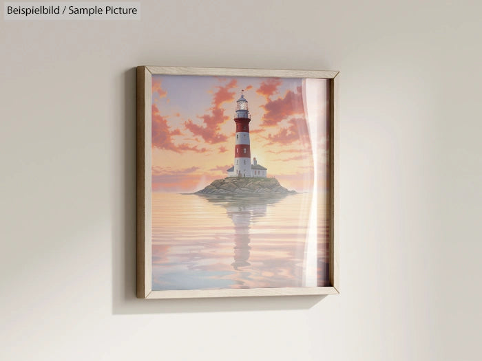 Framed painting of a lighthouse at sunset, reflecting in calm ocean waters under a pink-orange sky.