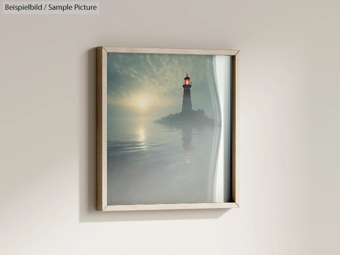 Framed artwork of a lighthouse on a misty sea, with a glowing orange light, hangs on a light-colored wall.