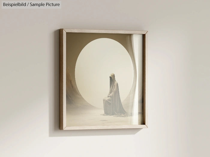 Framed artwork featuring a cloaked figure sitting before a circular light background in a minimalistic setting.