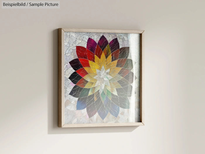 Framed mosaic art with colorful petal-like shapes on a light wall.