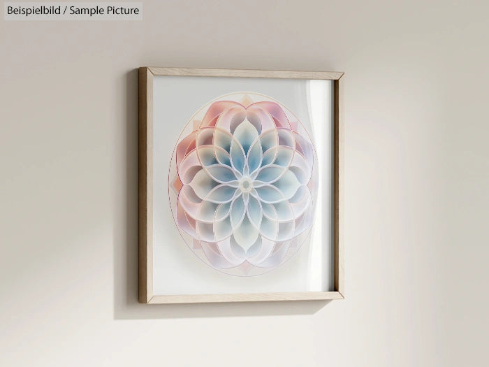 Framed abstract art on wall with pastel geometric flower pattern in circular arrangement.