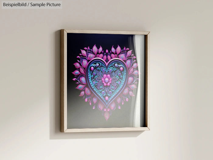 Framed artwork of a vibrant heart design with intricate floral patterns in pink and blue hues on a dark background.