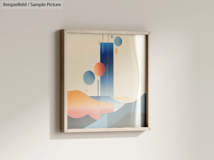 Minimalist abstract artwork with geometric shapes in blue and orange hues, framed and hung on a neutral wall.