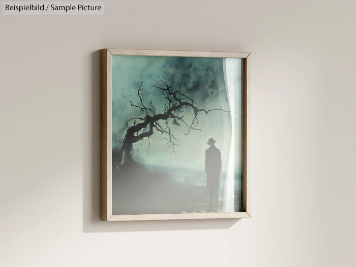 Framed artwork on wall depicting a solitary figure under a twisted tree in a misty landscape.