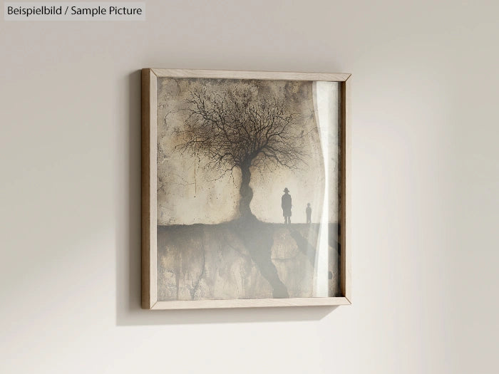 Framed artwork depicting a barren tree on a cliff with two silhouetted figures beneath.