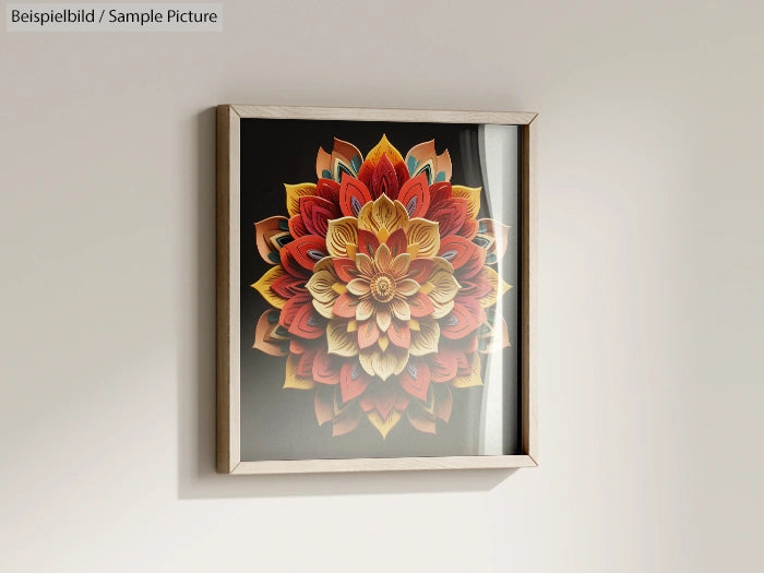 Framed vibrant mandala art with red, orange, and yellow floral design on a wall.