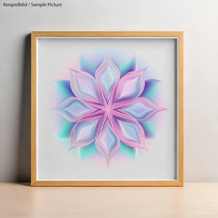 Framed artwork featuring a pastel mandala design with pink, purple, and teal hues on a white background.