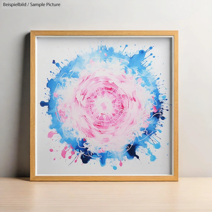 Abstract art featuring a circular central swirl of pink with splashes of blue and purple framed in a light wood frame.