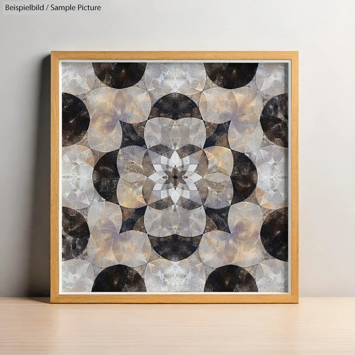 Framed kaleidoscopic artwork with intricate geometric patterns in black, gray, and beige shades on a wooden shelf.