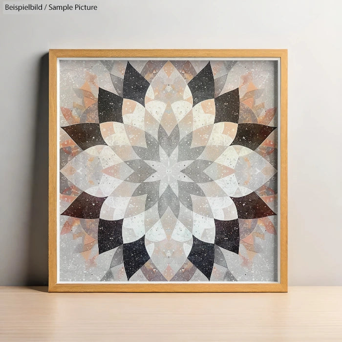 Framed geometric mandala artwork with shades of gray and beige on a light wooden surface.